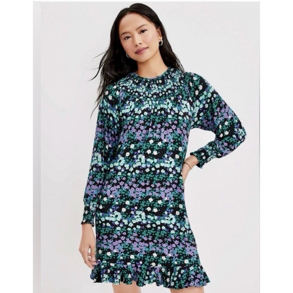 Loft Women's Black Purple Floral Smocked‎ Dress Ruffle Neck Size XS New $79.95